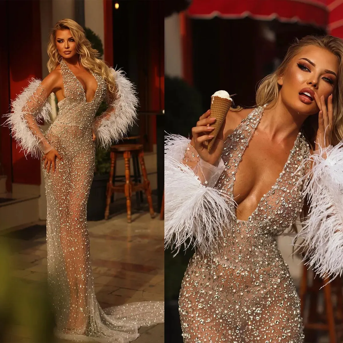 Abiti da sposa sexy a sirena con scollo all'americana di lusso vedere attraverso perle strass abito a tromba Vestido De Noiva abito da sposa in piume YD