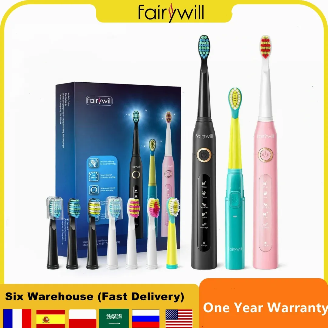 Electric Fairywill Sonic Kids Toothbrush Family Kit with 3 Powerful Rechargeable Whitening and 10 Brush Heads 240309 24009