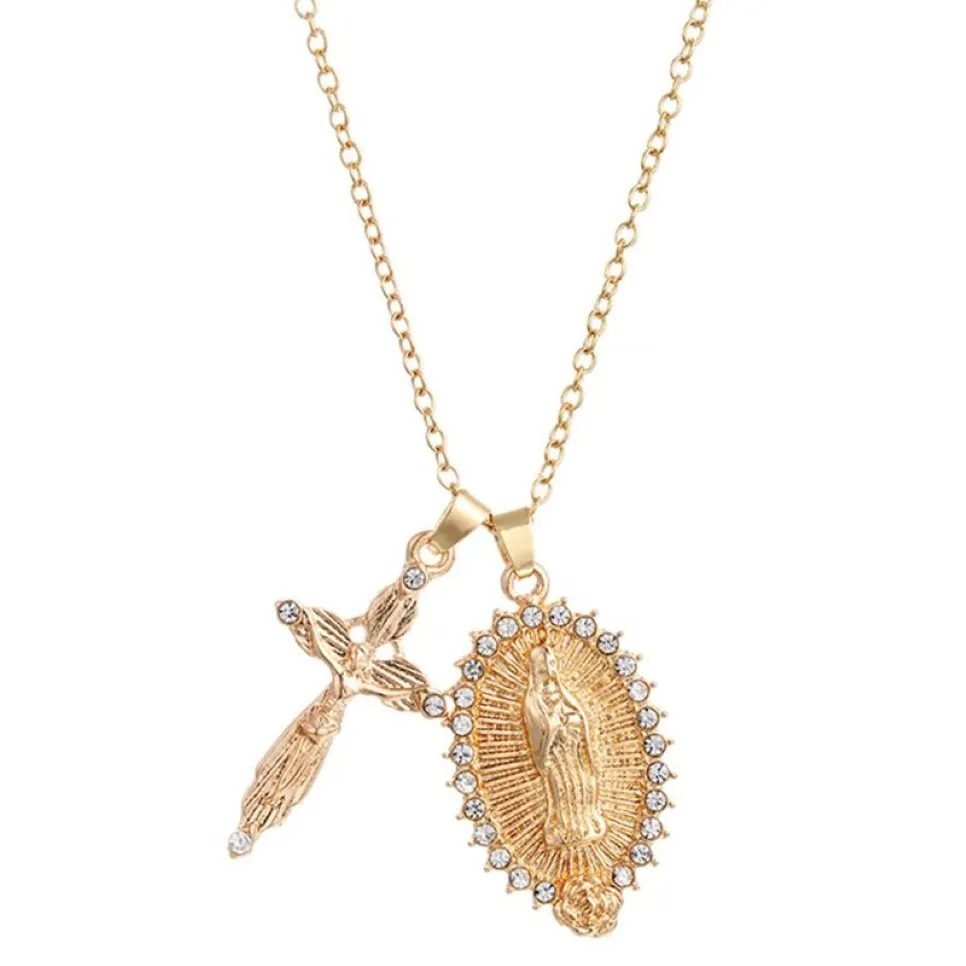 Fashion Catholic Jesus Crucifix Cross & Virgin Mary Pendant Necklace Religion Faith Clavicle Necklace206i