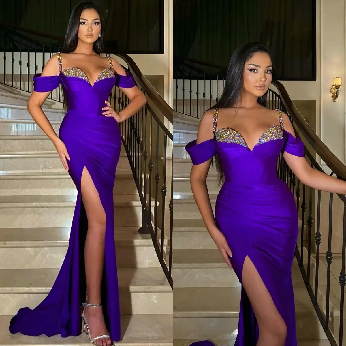 Sexy purple mermaid prom dress rhinestones straps formal evening dresses elegant off shoulder split party dresses for special occasions promdress YD