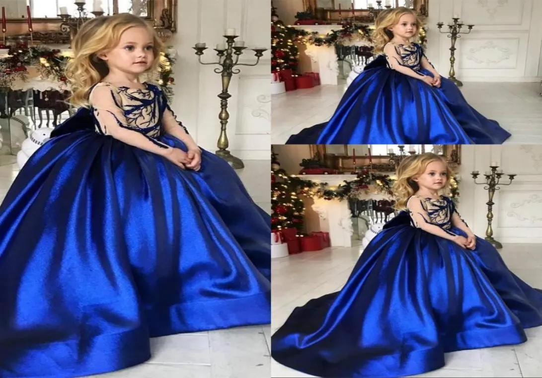 Economici Royal Blue Flower Girls Abiti in raso maniche lunghe perline di cristallo Abiti da spettacolo per ragazze Adolescenti Abbigliamento per bambini Festa di compleanno Communio5935823