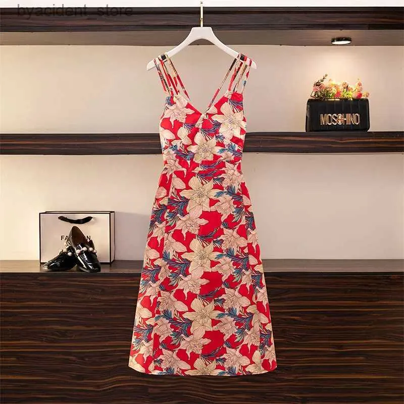 Urban Sexy Dresses Plus Size Fat sister French floral halter dress 2023 summer new sexy plus size womens long skirt 63263 L240309