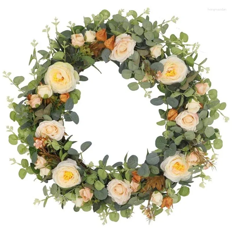 Fleurs décoratives 22 pouces couronne de printemps belle fleur de rose artificielle porte crème Faux cintre intérieur