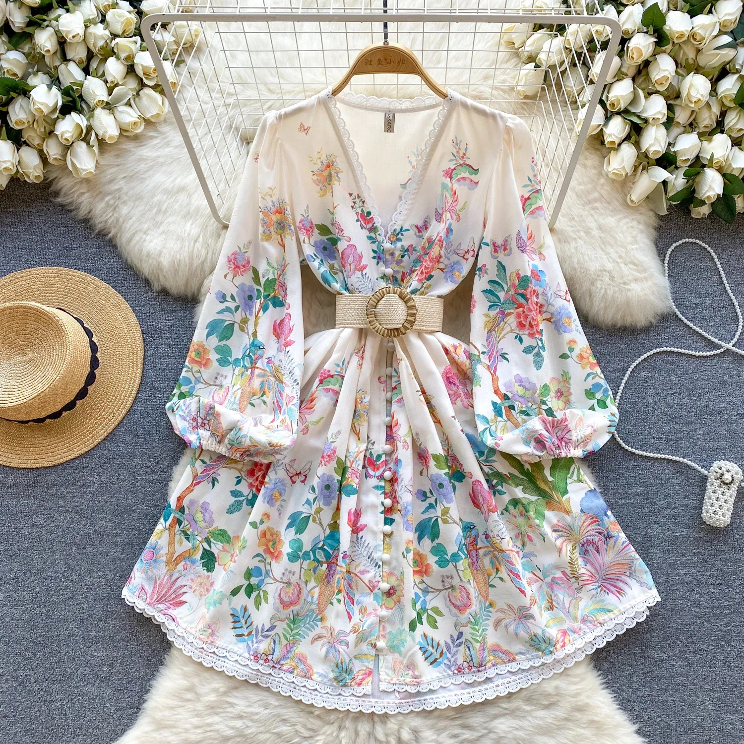 Casual Dresses Spring Fashion Holiday Flower Painting Print Dress Women Long Lantern Sleeve V-Neck Lace Hem Buttons Belted Mini Dress2024