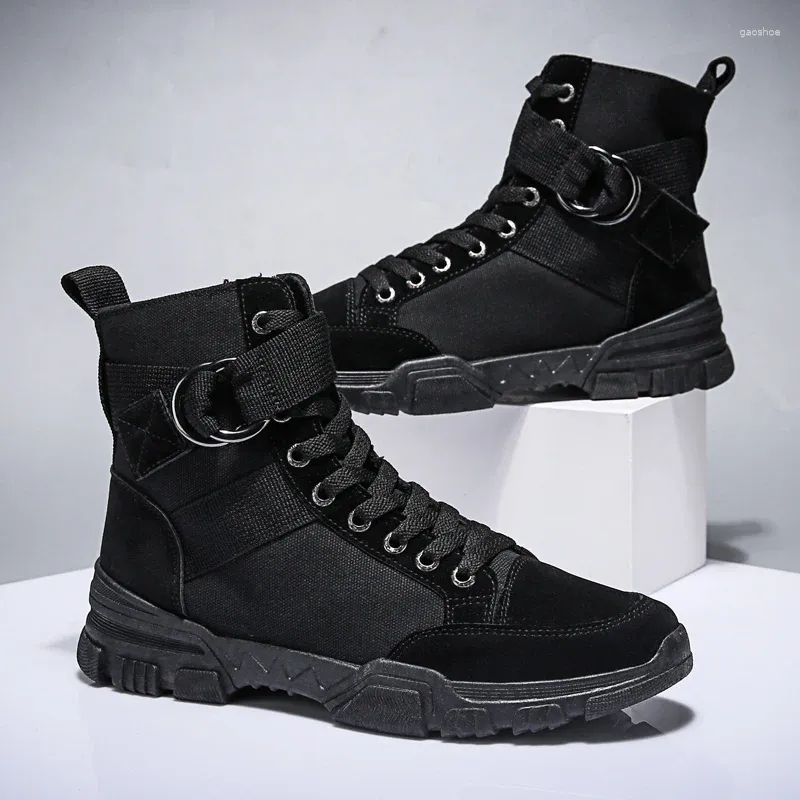 Stiefel Herren Schwarz Mode High Top Segeltuchschuhe Männer Flache Knöchel Bequeme Motorrad Mann Arbeit