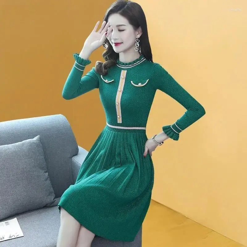 Casual Dresses Woman Elegant Autumn Long Sweater Dress Female Sleeve Thick A-Line Lady V-Neck Slim Sticked Bodycon Print G221