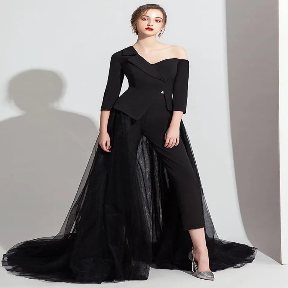 Eleganta aftonklänningar lång svart vit jumpsuit lång byxa jumpsuit lång ärm formell klänning v hals jumpsuits dubai prom gown2175