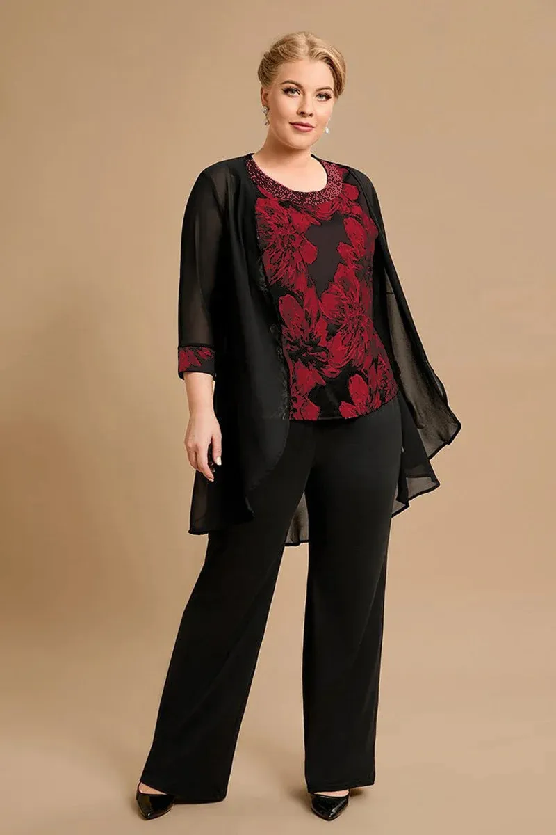 Vrouwen Driedelige Broek Set Temperament Plus Size Moeder van De Bruid 34 Mouw Chiffon Office Lady Stukken Pakken 240307