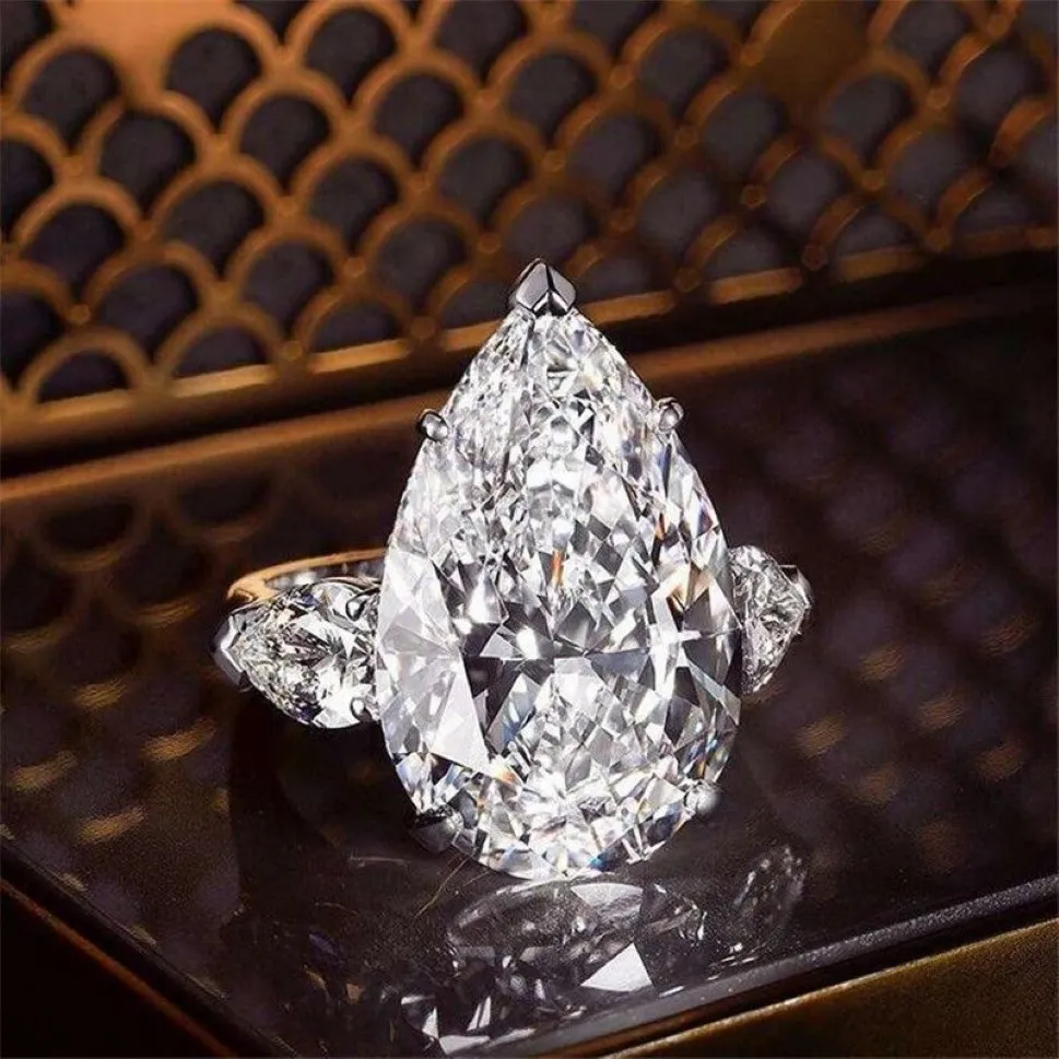 Ins top vender anel de diamante grande brilhante, joias de luxo 925 prata esterlina gota de água topázio branco pedras preciosas mulheres aliança de casamento r2318