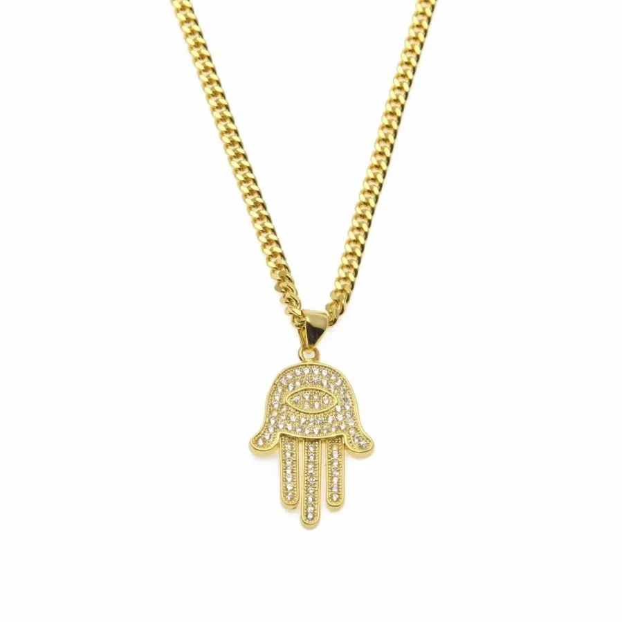 Colares Pingente Ouro Prata Fatima Hamsa Mão Bling CZ Gelado Charme Cadeia Cubana Para Mulheres Mens Hip Hop Jóias257T