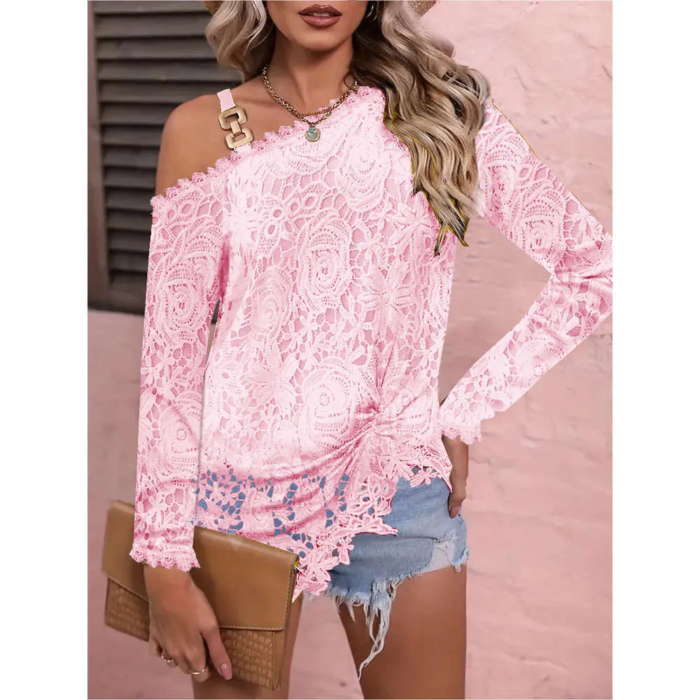 Designer Kvinnokläder 2024 Spring och Autumn New Sweatshirt One Shoulder Decorative Spänne Off Shoulder Rose Lace Long Sleeved T-Shirt Sexig Slim Fit Topo7U2