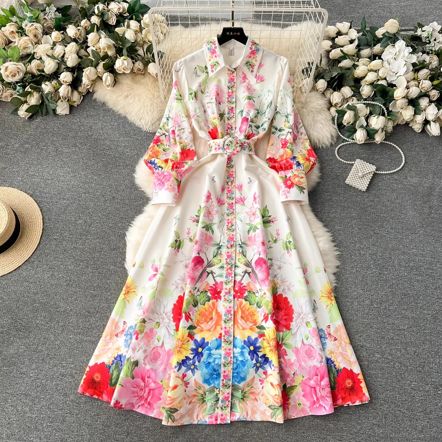 Abiti casual Fashion Runway Flower Holiday Dress Risvolto da donna Manica lunga a lanterna Monopetto Stampa floreale Cintura Abiti da festa 2024