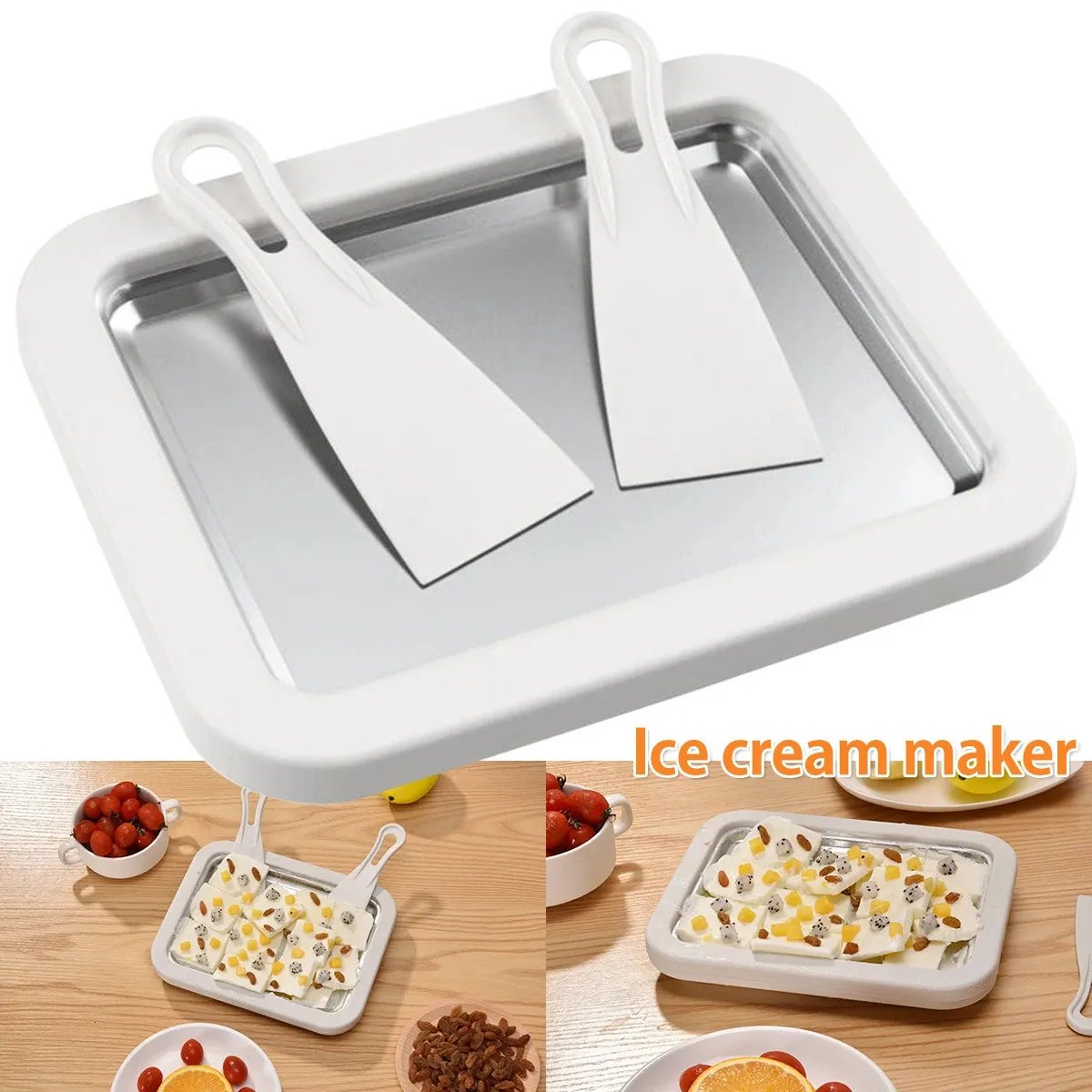 Ice Cream Maker Pan with 2 Scrapers Plate Multifunctional Durable Cold Sweet Fried Food for DIY Yogurt 240307