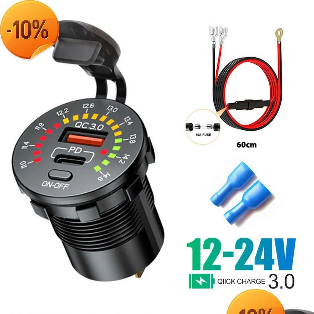 Car Other Auto Electronics New 36W Dual Usb Qc 3.0 Charger With Led Voltmeter On Off Switch 12/24V Waterproof Pd Outlet Fast Charge Fo Dhnlt