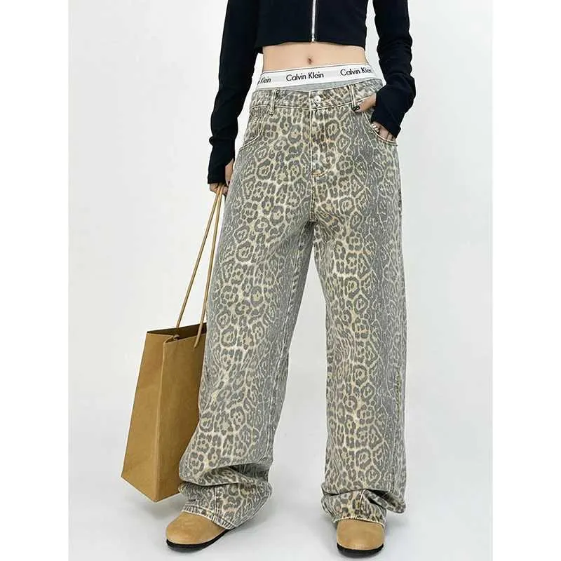 Women's Jeans American retro High Street casual overalls leopard print loose and loose womens long leg pants Y2k hip-hop goods Grunge Baggy Trousers J240306