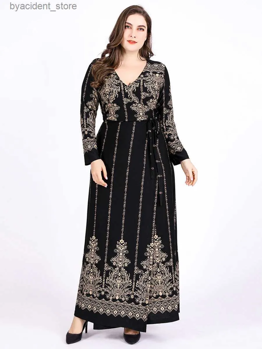 Urban Sexy Dresses 2023 Autumn Winter Wrap Dress Woman Long Sleeve Retro Printing Maxi Long Dubai Abaya Muslim Dress Plus Size Islamic Clothing L240309