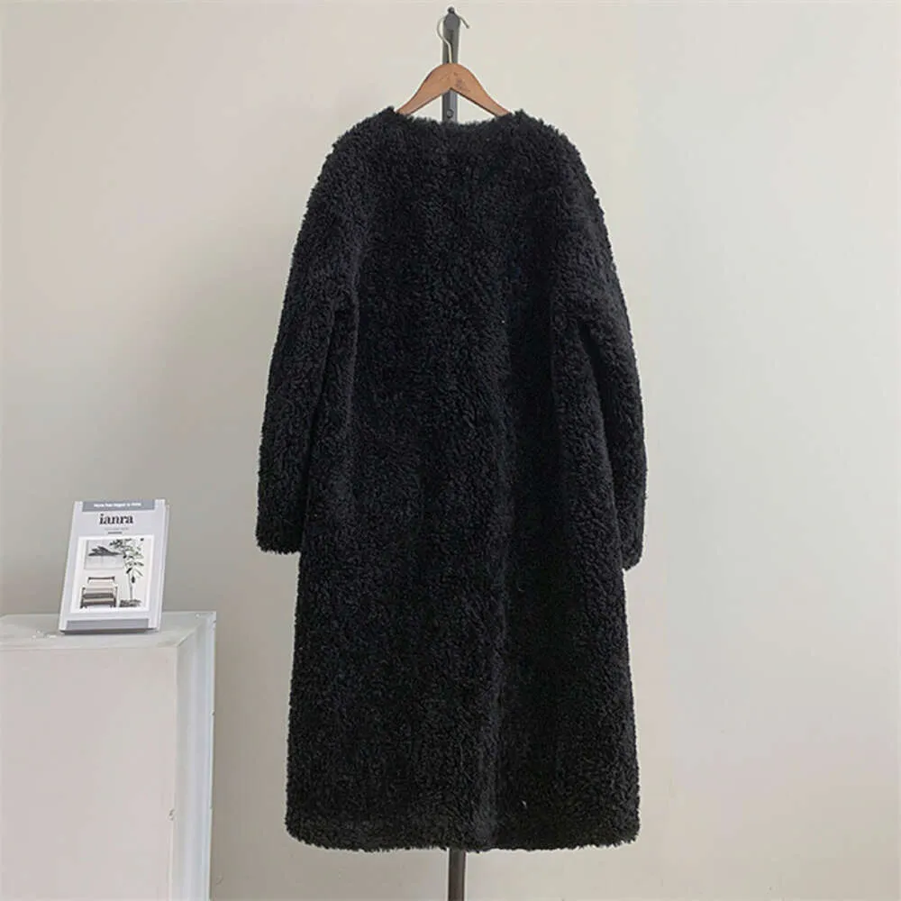 Haining Fur Winter New Double Breadted Buckle Sheep Cut Fleece Women's Long Lamb Wool Coat 427093