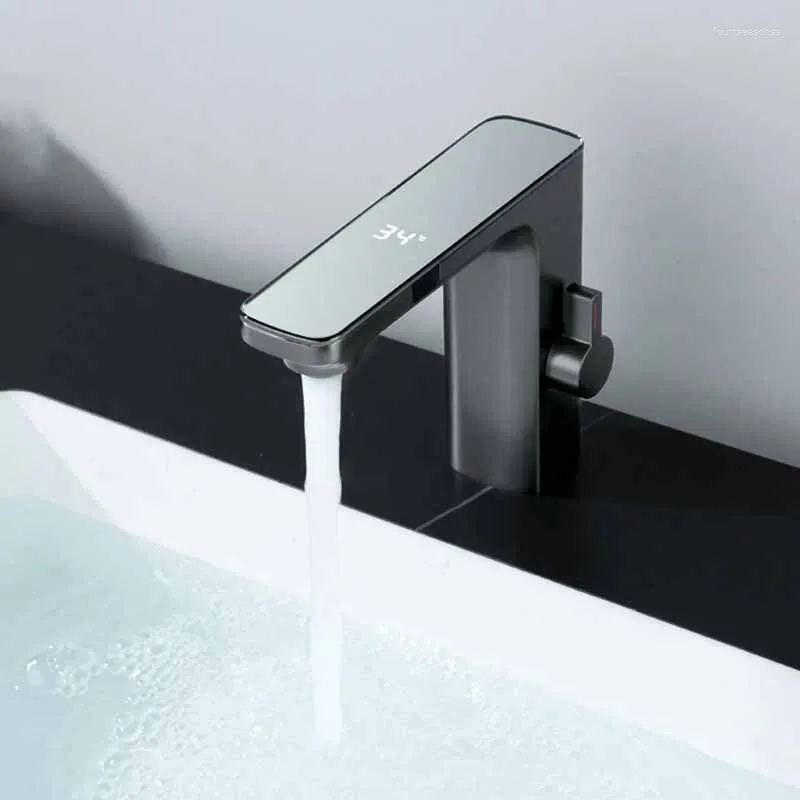 Bathroom Sink Faucets Water Mixer Tap Faucet Digital Display Sensing Gunmetal/White/Chrome Intelligent Basin