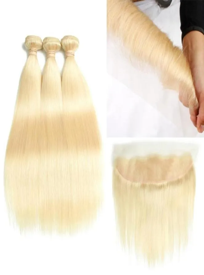 Meilleure vente 1030 pouces de long 613 cheveux humains blonds 3 paquets avec fermeture frontale en dentelle 8A vison cheveux brésiliens vague de corps droite HC294615482