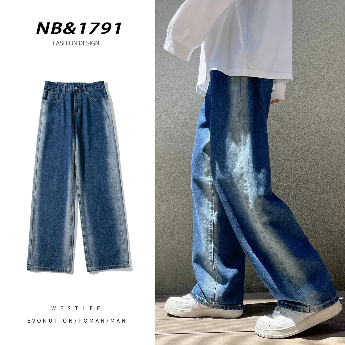 spring style Gradient Color Baggy Jeans for Men Trendy casual pants Korean wideleg floorlength trousers 240309