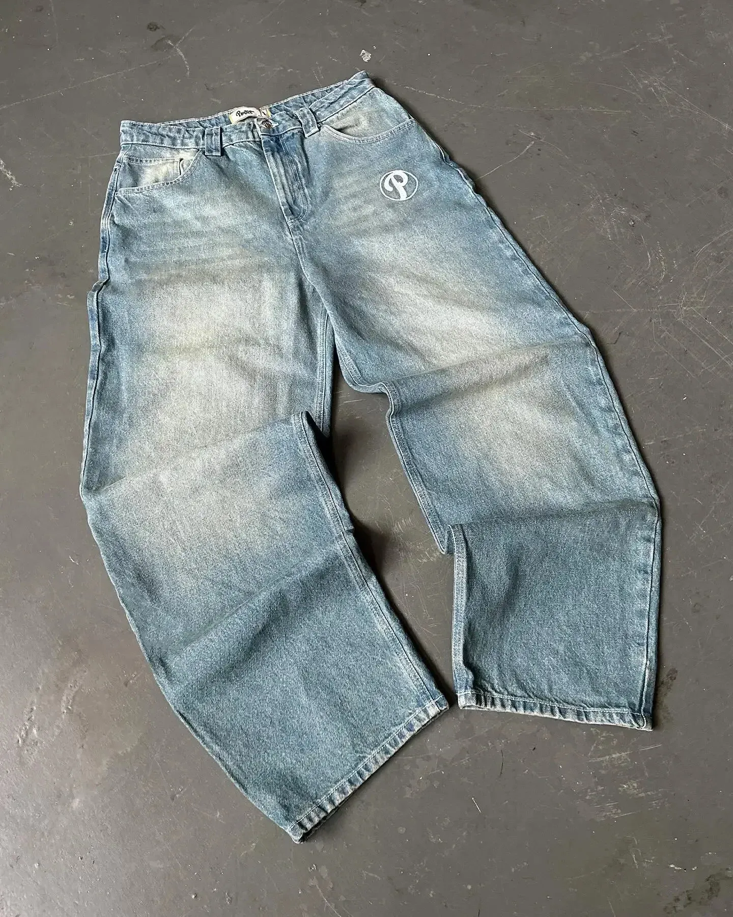 Streetwear proteger jeans y2k calças masculinas harajuku hip hop carta bordado vintage azul baggy cintura alta perna larga calças 240227