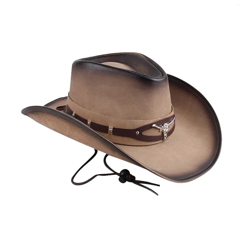 Basker män bred grim nypa front pu läder mode cowboy hatt gåva vintage sombrero anti uv party med haka sladd mjuk diamant pappa