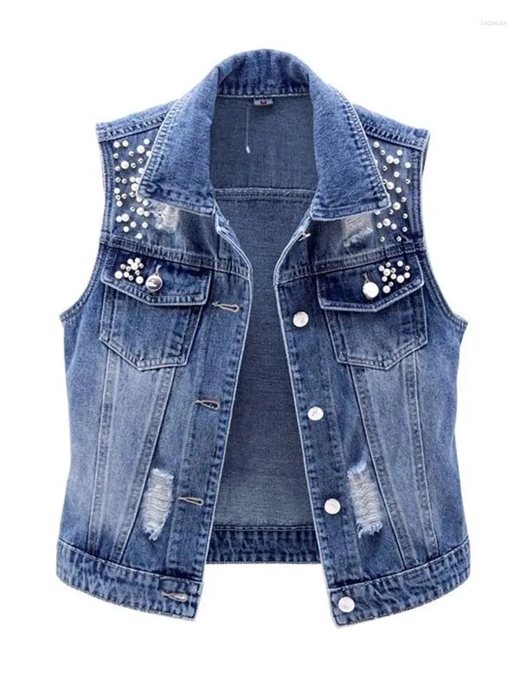 Women's Vests Denim Women Vest Luxury Pearls Fashion Ripped Autumn Jeans Jacket Sleeveless Loose Short Coat Causal Waistcoats 5XL