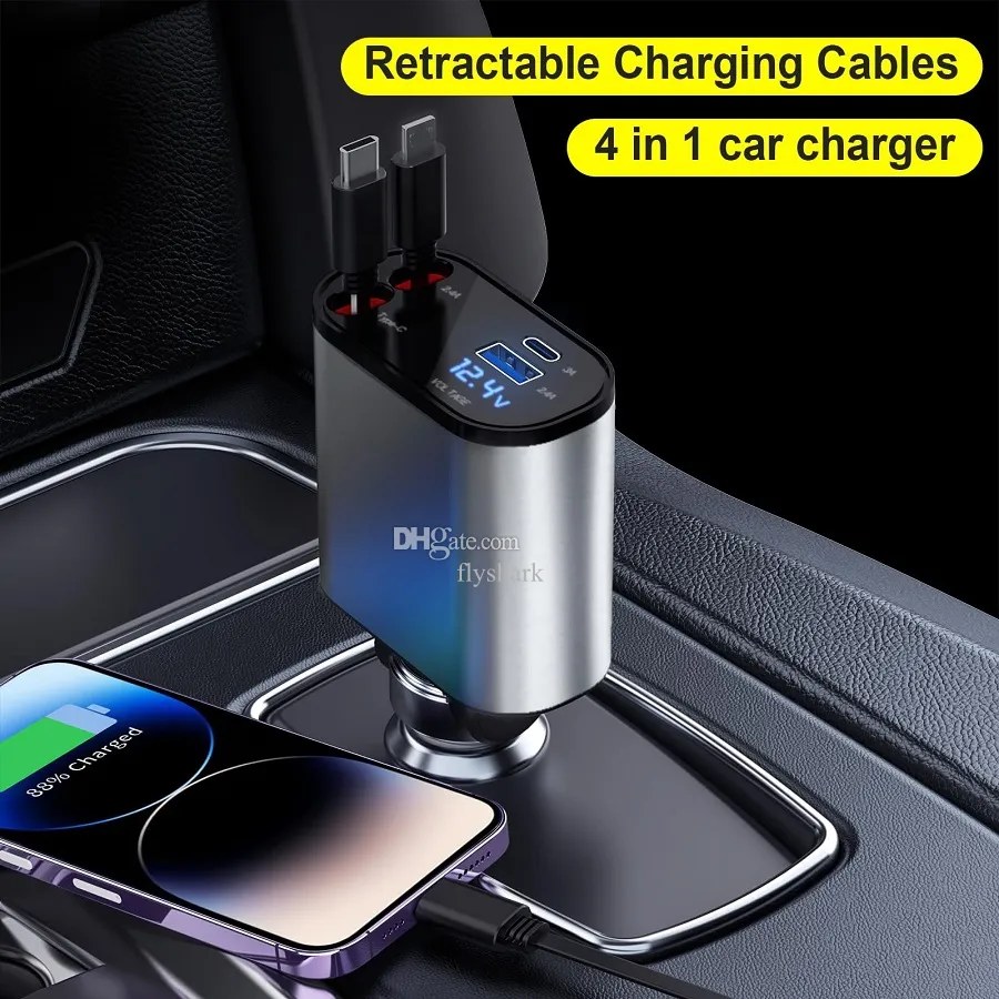 Cargador de coche 4 en 1 de 120W, adaptador retráctil de encendedor de cigarrillos para coche, Cable de carga rápida USB tipo C para IPhone, Xiaomi, Huawei y Samsung