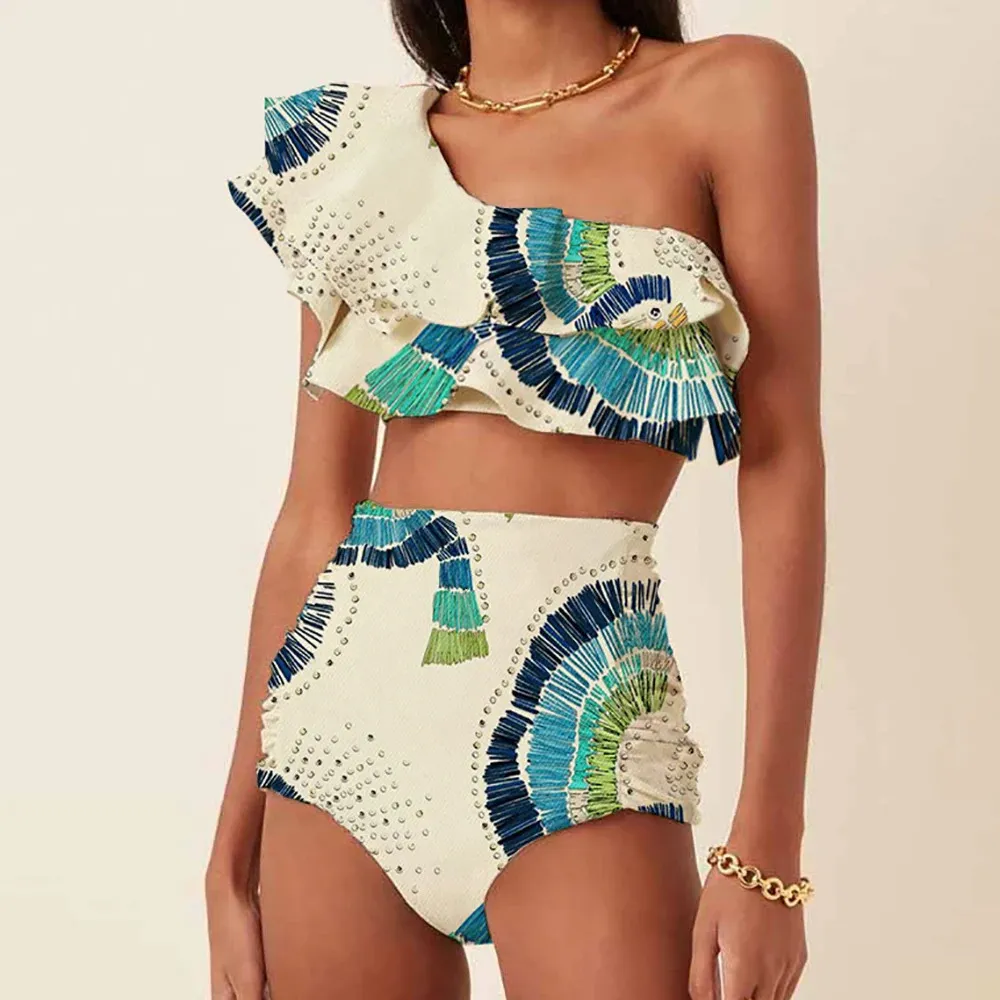 Kadın baskılı fırfırlı mayo moda bir omuz eğik kısır bikini iki parçalı yüksek bel karın tuck plaj kıyafeti 240227