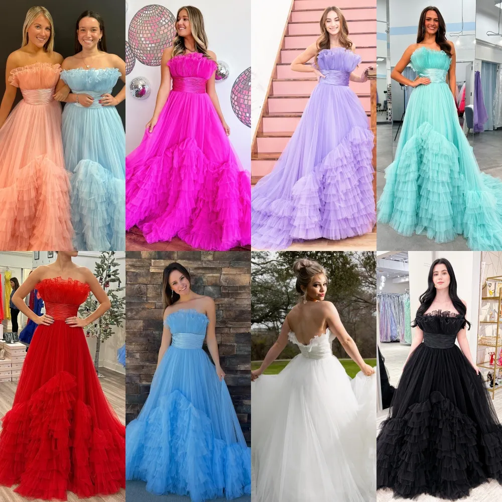 Crumb Catcher Prom Dress Candy Color Tier Ruffle Tulle A-Line Lady Pageant Prom Spring Evening Event Hoco Gala Cocktail Red Carpet Gown Photoshoot Fuchsia Purple Aqua