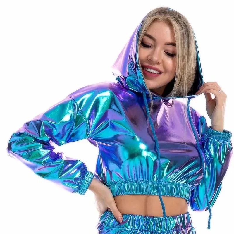 Bluzy seksowne przycięte holograficzne bluzy Kobiety błyszczące pu metaliczna bluza z kapturem długim rękawem krótka bluza z sznurkiem ściągacza streetwear