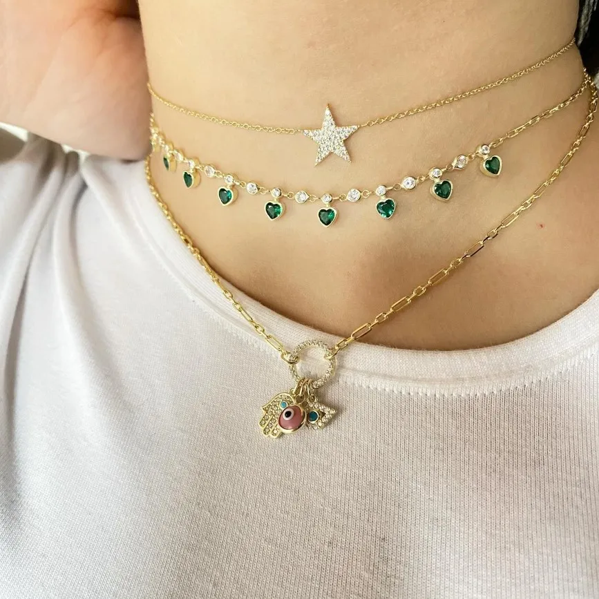 2021 gold metal color red blue green white heart drop charm cz station link chain choker necklace for 2021 valentines day gift339I