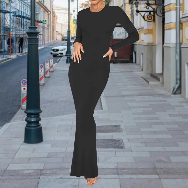 Casual Dresses Women Long Sleeve Dress Slim Fit Crew Neck Ribbed Elegant Bodycon Maxi Slight Strech Daily Outfit Streetwear Suit