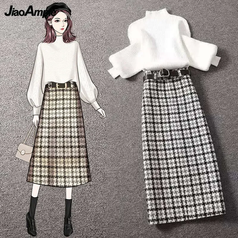 Suits Women's Autumn Winter Vintage Plaid kjolar Set 2021 Korean Fashion Lady graciös stickad topp lång kjoldräkt puffhylsa tröja