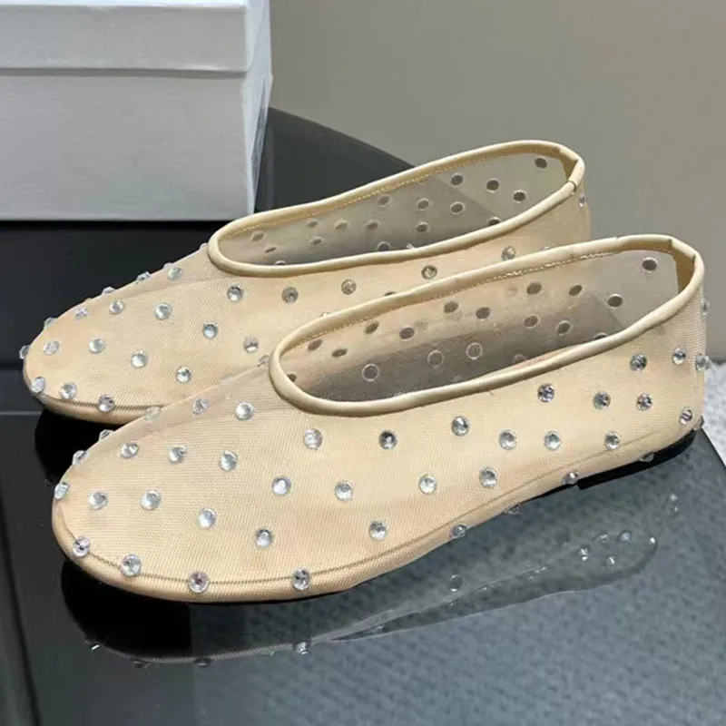 hot sale women rhinestone ballet flats runway designer genuine leather high quality outside walking flat with causal soft comfortable flat shoes