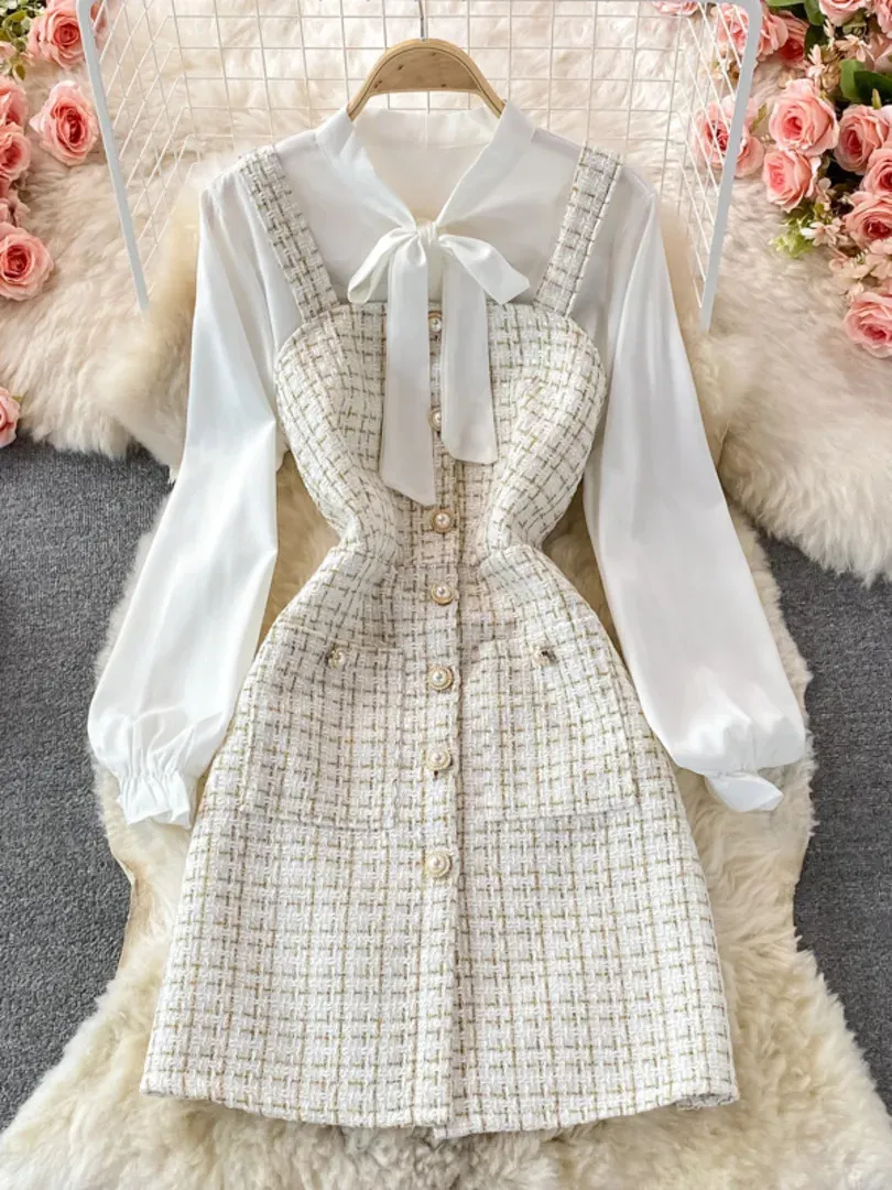 Women Two Piece Set Korean Fashion Bowtied Collar White Blouse and Spaghetti Strap Single Breasted Mini Tweed Dress Suits 240309