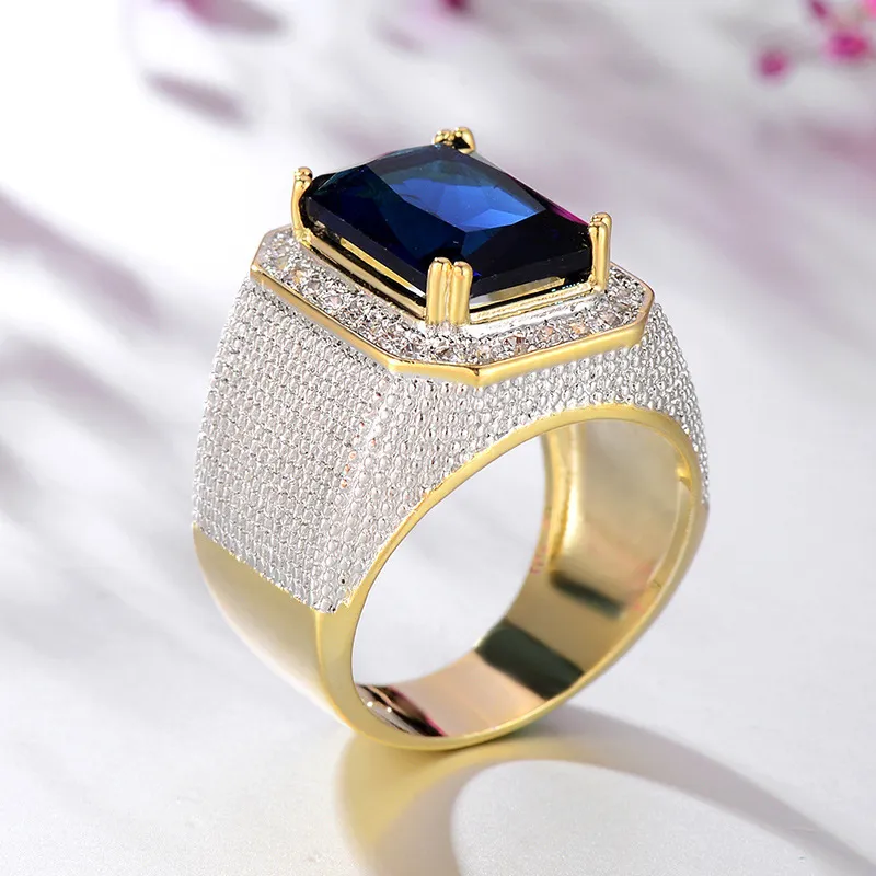 High-End Diamond Ring Hip Hop Points Jinba Gas Square Sapphire Big Men's Ring