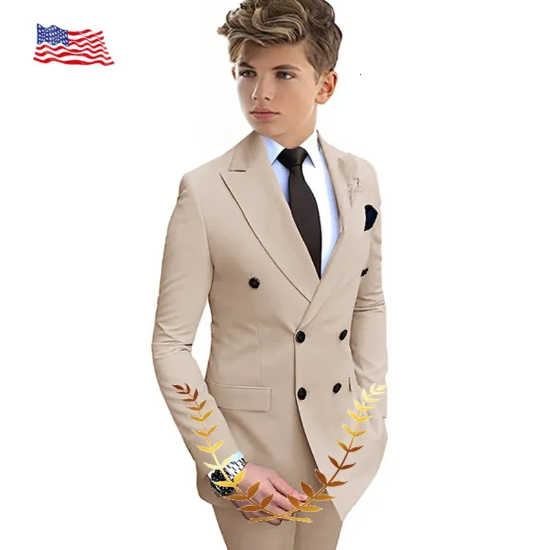 Beige Boys Suit 2 Pieces Double-Breasted Notch Lapel Flat Slim Fit Casual Tuxedos For WeddingBlazerPants 240304