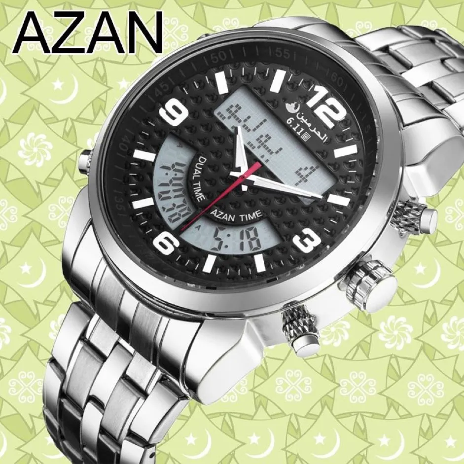 6 11 New Stainless Steel Led Digital Dual Time Azan Watch 3 Colors Y19052103235z