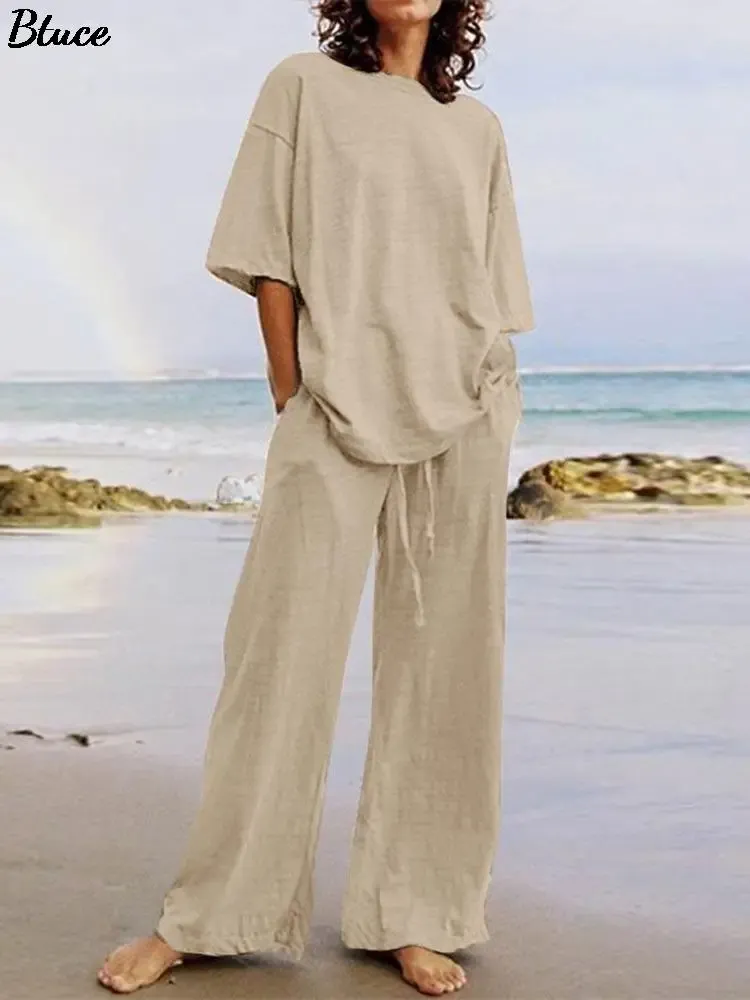 Capri Dames Katoen Linnen 2-delige bijpassende sets Casual tops met korte mouwen en wijde pijpen broeken Outfits Zomer Effen Oversized strandpakken