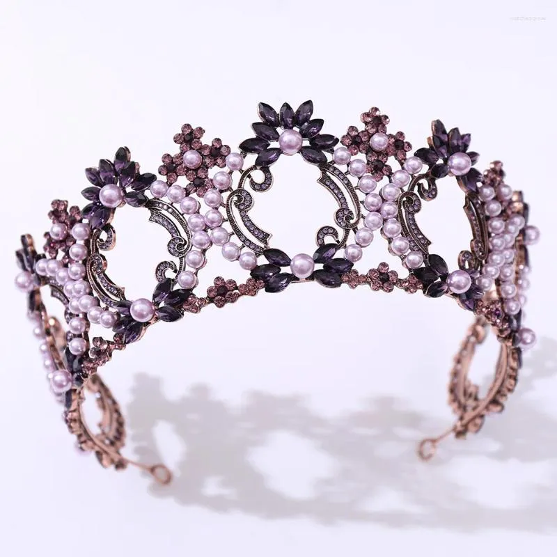 Saç klipsleri barok bronz siyah mor kristal inci yuvarlak gelin tiaras taçlar rhinestone diadem gelin kafa bantları düğün aksesuarları