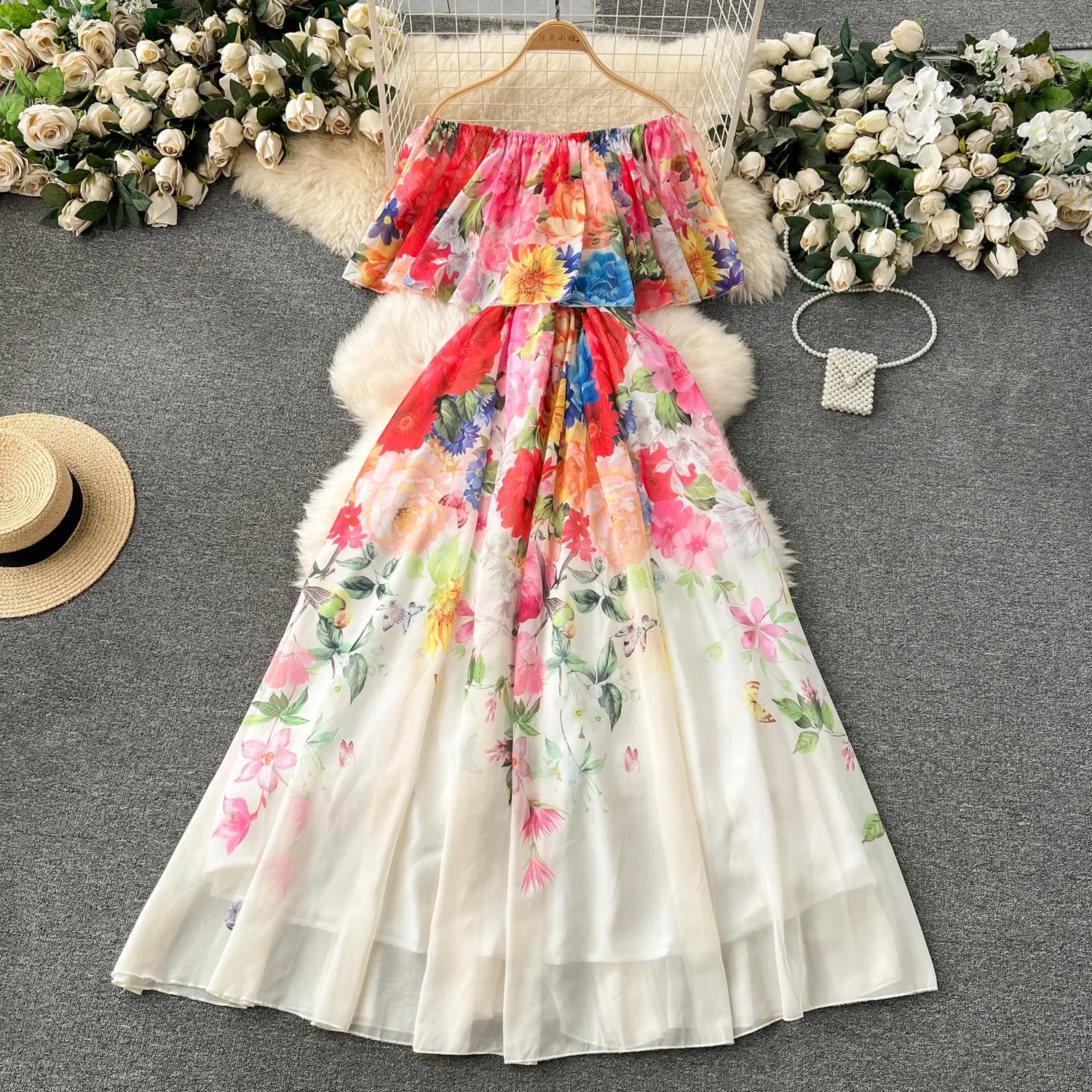 Casual Dresses 2024 Summer Off Shoulder Gorgeous Flower Holiday Chiffon Flowy Dress Womens Belt Belt Elastic midjeblommigt tryck Långt mantel