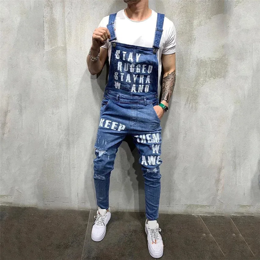 2024 Fashion Mens Ripped Jeans Jumpsuits Ankle Length Letter printing Distressed Denim Bib Overalls For Men Suspender Pants 240304