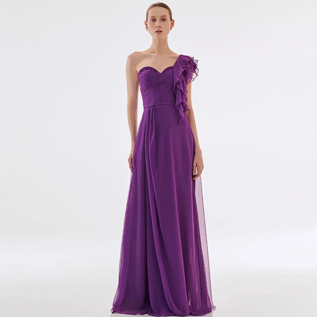 Élégante longue une épaule violet robes de bal avec volants une ligne en mousseline de soie fermeture éclair dos plissé longueur de plancher robes de soirée pour les femmes