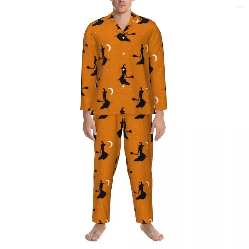 Vêtements de nuit pour hommes Pyjamas effrayants de sorcière effrayante Homme Halloween Imprimer Mignon Chambre Printemps 2 pièces Ensembles de pyjama graphiques surdimensionnés décontractés