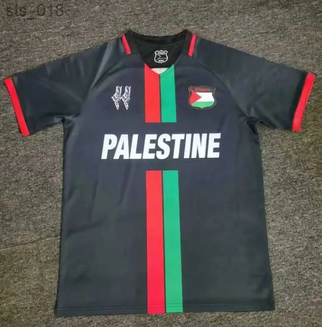 Fans Tops Soccer Jerseys Palestine Football Jersey Black Center Stripe (Red/Green English) Commemorative Football Shirt War Justice March Football uniformH240309