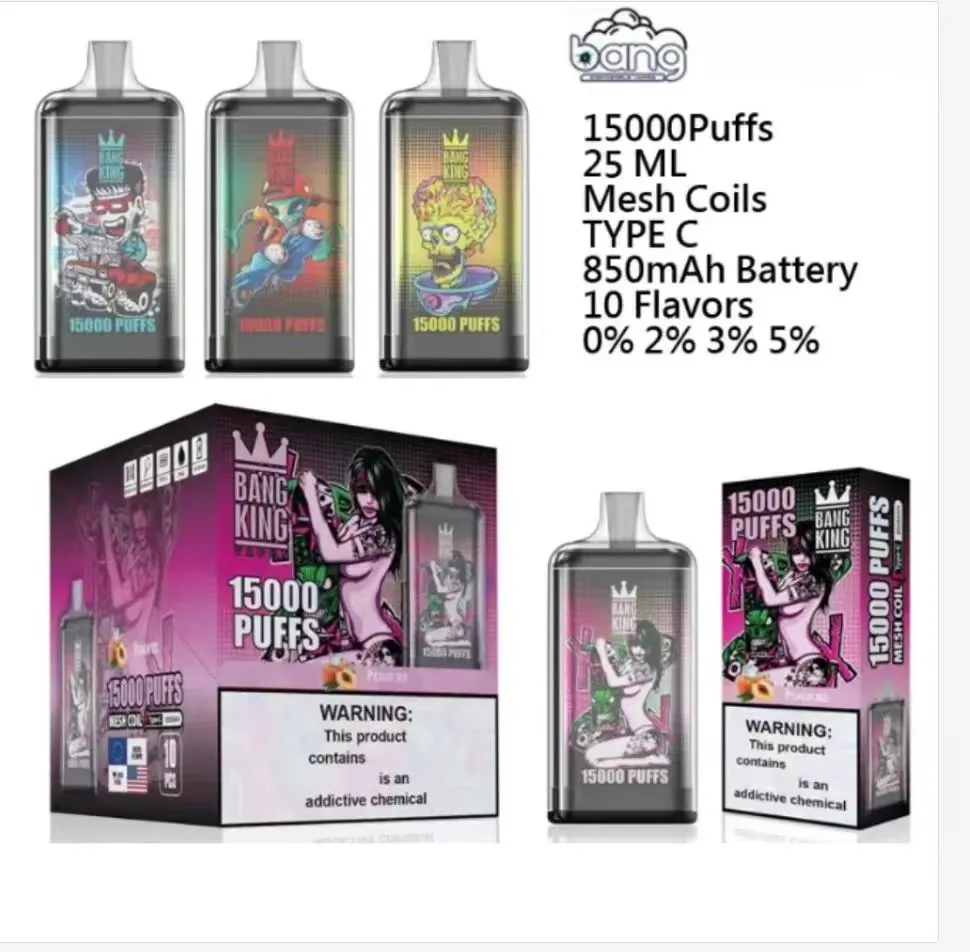 Vapor Bar BANG KING 15000 bouffées de vapes jetables cigarette électrique 25 ml de type C rechargeables jetables Vapes 2% 5% nic et 10 saveurs de jus différentes mélangées au hasard