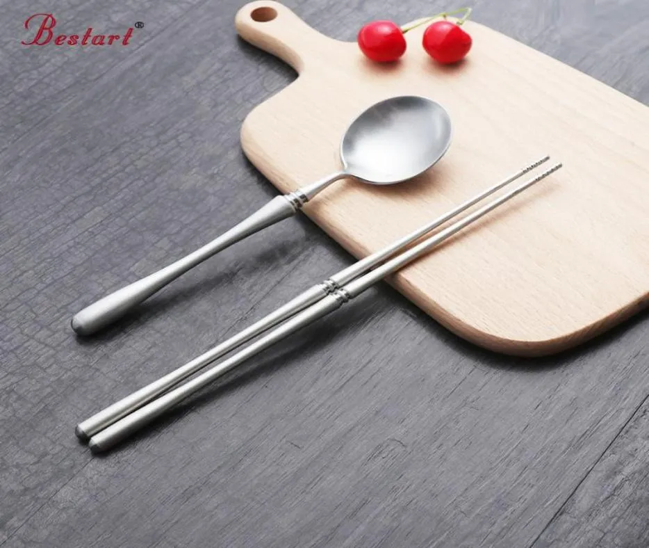 Nieuwe Hashi Zilver 1810 Roestvrij Staal Koreaanse Eetstokje En Lepel Set Servies Matte Dessertlepel Lange Steel Chop Sticks Set9886543