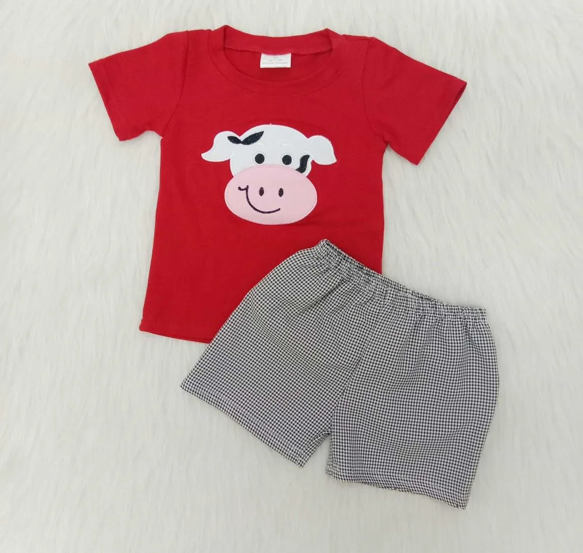Intero neonato boutique di abbigliamento ricamo carino mucca cotone rosso top seersucker pantaloncini bambini estate set bambini outfit X08026286150