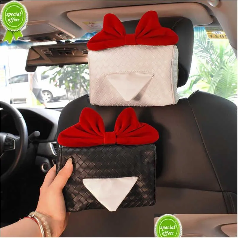 Other Interior Accessories New Braid Leather Car Tissue Holder Retro Red Bow Hanging Napkin For Back Seat Headrest Paper Organizer Sto Dhljm